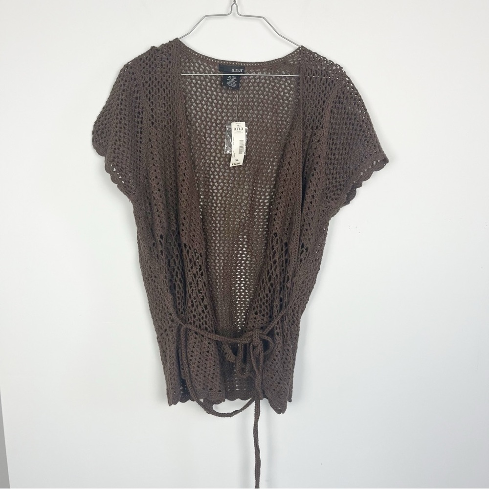 A.N.A. Brown Crochet Open-Front Tie Knit Cardigan